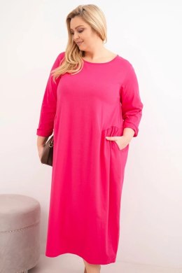 Sukienka damska Plus Size bawełniana z długim rękawem i marszczeniem w talii fuksja