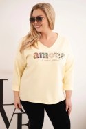 Bluza damska Plus Size z napisem i dekoltem V żółta