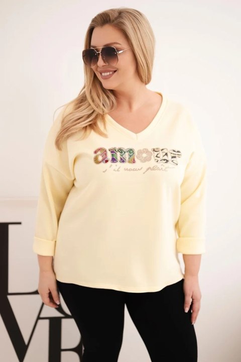 Bluza damska Plus Size z napisem i dekoltem V żółta