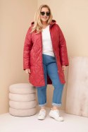 Kurtka damska Plus Size zimowa pikowana z kapturem bordowa