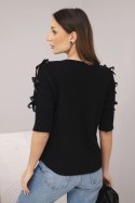 Sweter damski z krótkim rękawem i ozdobnymi kokardkami czarny