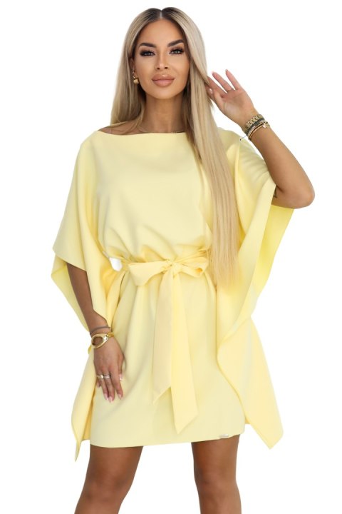 287-41 SOFIA Sukienka motyl z wiązaniem w pasie - pastelowy cytrynowy