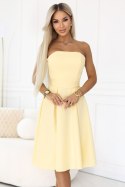 641-3 VIVIENNE gorsetowa rozkloszowana sukienka midi z paskiem - pastelowy żółty