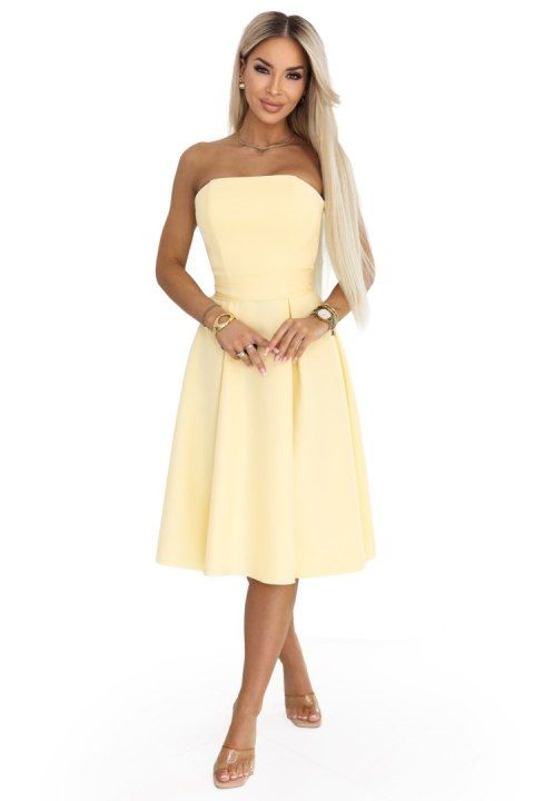 641-3 VIVIENNE gorsetowa rozkloszowana sukienka midi z paskiem - pastelowy żółty