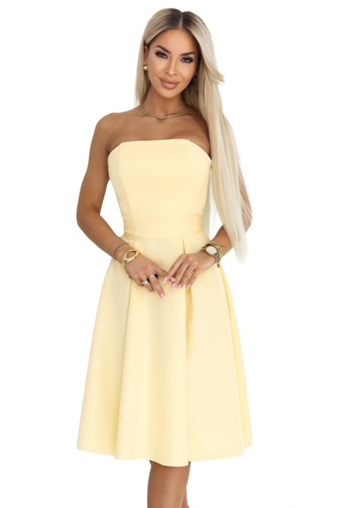 641-3 VIVIENNE gorsetowa rozkloszowana sukienka midi z paskiem - pastelowy żółty