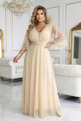 654-2 Długa połyskująca sukienka plus size z dekoltem i transparentnym rękawkiem - szampański beż