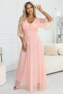 654-4 Długa połyskująca sukienka plus size z dekoltem i transparentnym rękawkiem - brzoskwiniowa