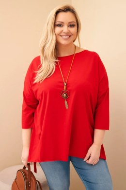 Bluzka damska bawełniana Plus Size asymetryczna z naszyjnikiem czerwona