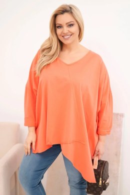 Bluzka damska bawełniana Plus Size z asymetrycznym dołem i dekoltem V morelowa