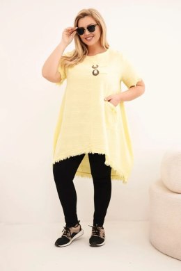 Sukienka damska bawełniana Plus Size z dłuższym tyłem i kieszenią żółta