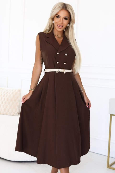 596-4 Elegancka szmizjerka midi ze złotymi guzikami i paskiem - CZEKOLADOWA