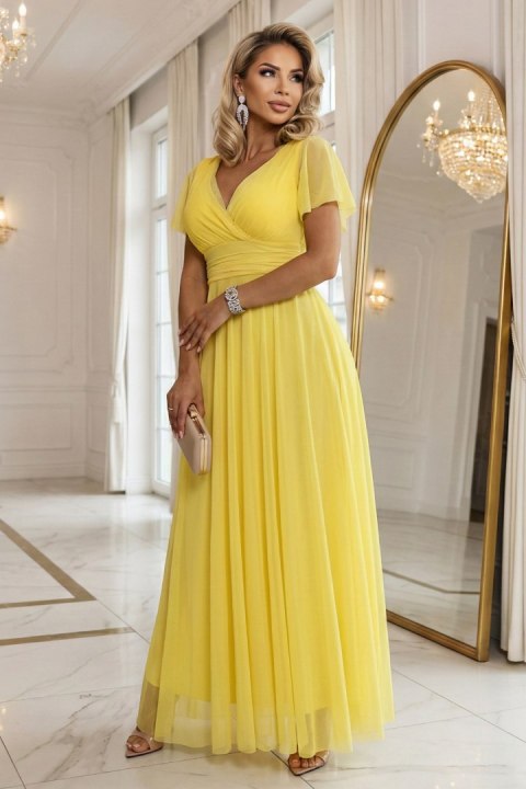 562-8 NASTIA Długa sukienka z dekoltem, wiązaniem i krótkim rękawkiem - cytrynowe limoncello