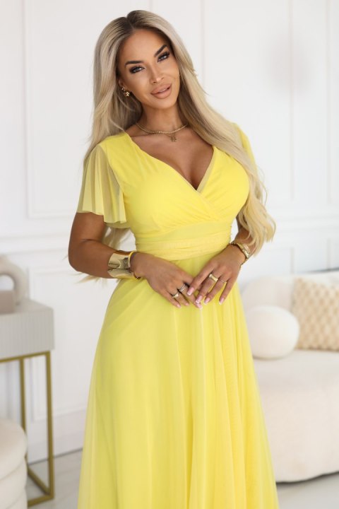 562-8 NASTIA Długa sukienka z dekoltem, wiązaniem i krótkim rękawkiem - cytrynowe limoncello