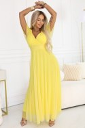 562-8 NASTIA Długa sukienka z dekoltem, wiązaniem i krótkim rękawkiem - cytrynowe limoncello