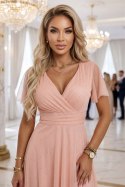 635-7 MELANIA długa błyszcząca suknia na wesele z dekoltem i krótkim rękawkiem - brzoskwiniowa