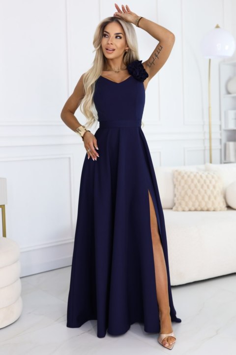 643-4 Elegancka wieczorowa suknia maxi z rozcięciem i różami - granatowa