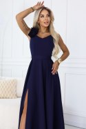 643-4 Elegancka wieczorowa suknia maxi z rozcięciem i różami - granatowa