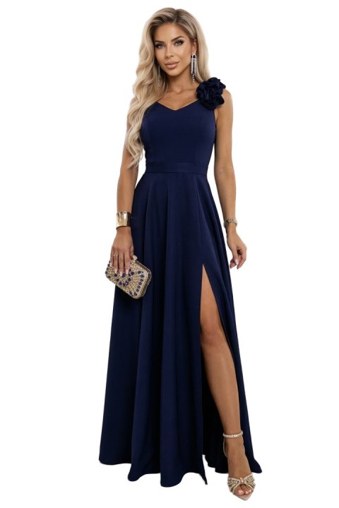 643-4 Elegancka wieczorowa suknia maxi z rozcięciem i różami - granatowa