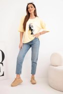 Bluzka damska bawełniana oversize z krótkim rękawem i modnym nadrukiem żółta
