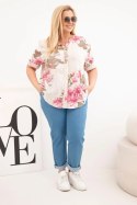Bluzka damska bawełniana Plus Size z dekoltem V w kwiatowy wzór beżowa