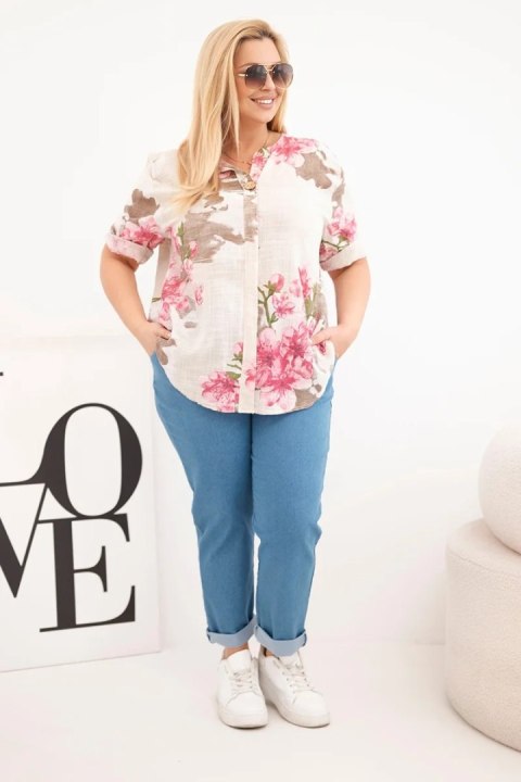 Bluzka damska bawełniana Plus Size z dekoltem V w kwiatowy wzór beżowa