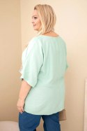 Bluzka damska wiskozowa Plus Size z krótkim rękawem i ozdobną apaszką ciemno miętowa