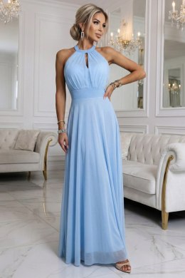 662-1 Elegancka sukienka wieczorowa maxi halter z tiulem i wiązaniem w talii - błękitna