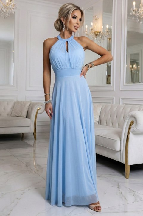 662-1 Elegancka sukienka wieczorowa maxi halter z tiulem i wiązaniem w talii - błękitna