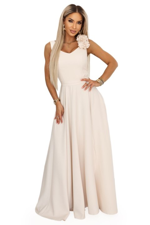 643-3 Elegancka wieczorowa suknia maxi z rozcięciem i różami - beżowa