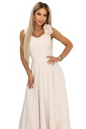 643-3 Elegancka wieczorowa suknia maxi z rozcięciem i różami - beżowa