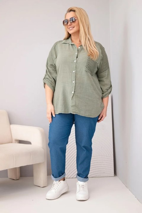 Koszula damska bawełniana Plus Size z kołnierzykiem i koronkową wstawką khaki