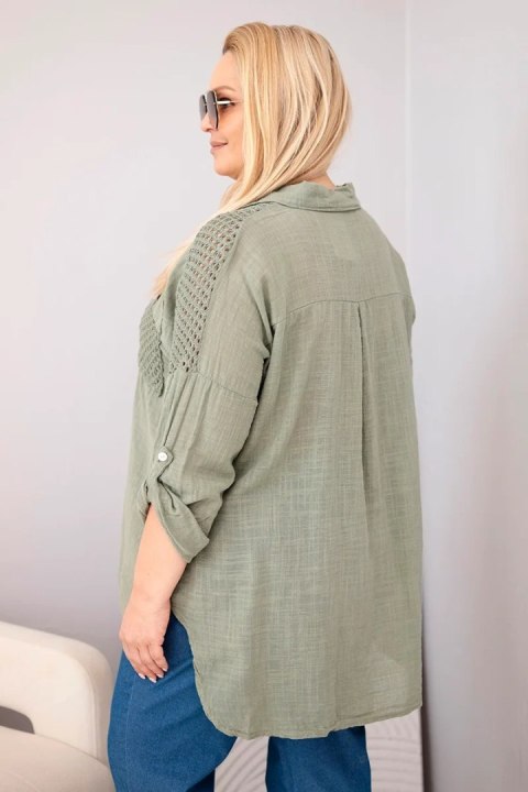 Koszula damska bawełniana Plus Size z kołnierzykiem i koronkową wstawką khaki