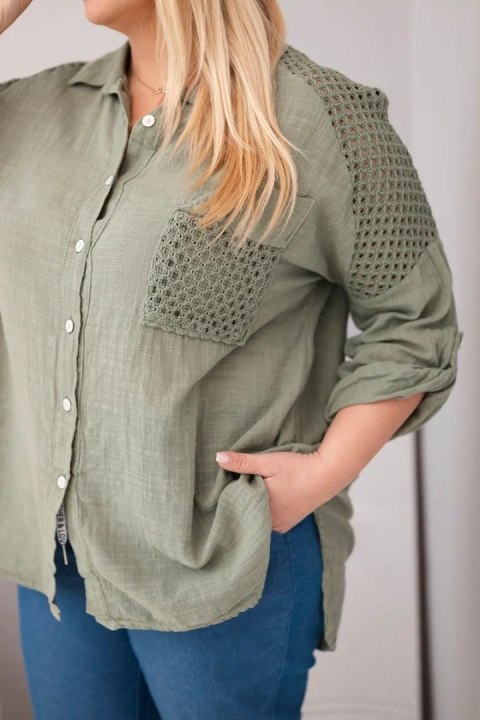 Koszula damska bawełniana Plus Size z kołnierzykiem i koronkową wstawką khaki