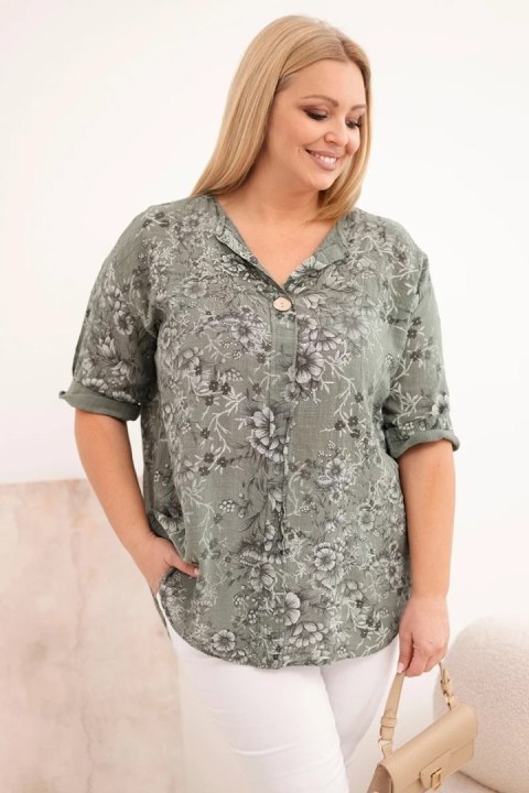 Bluzka damska bawełniana Plus Size z krótkim rękawem i ozdobnym guzikiem khaki