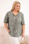 Bluzka damska bawełniana Plus Size z krótkim rękawem i ozdobnym guzikiem khaki