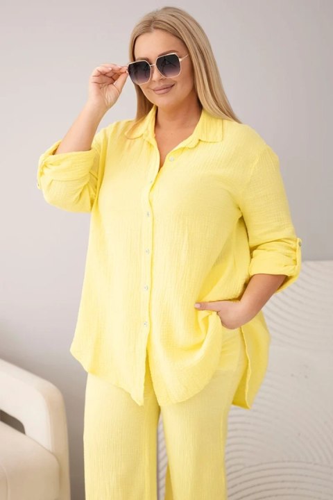 Komplet damski muślinowy Plus Size z koszulą zapinaną na guziki i spodniami z szeroką nogawką żółty