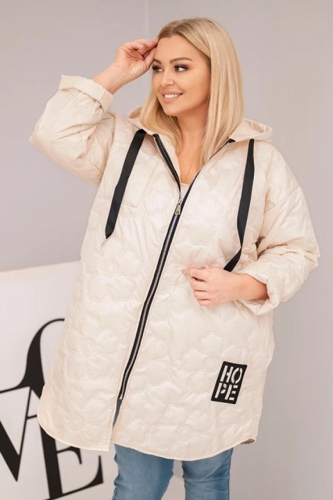 Kurtka damska Plus Size pikowana z kapturem i napisem HOPE jasno beżowa