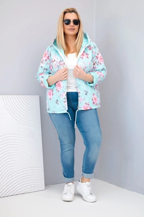 Kurtka damska wiosenna pikowana Plus Size z kapturem i kwiatowym wzorem miętowa