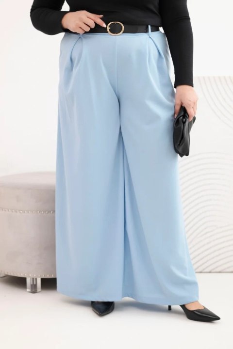 Spodnie damskie Plus Size z szeroką nogawką i paskiem niebieskie