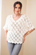 Sweter damski oversize bawełniany ażurowy z krótkim rękawem beżowy