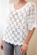 Sweter damski oversize bawełniany ażurowy z krótkim rękawem biały