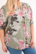 Bluzka damska bawełniana Plus Size z dekoltem V w kwiatowy wzór khaki