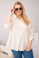 Koszula damska bawełniana Plus Size z kołnierzykiem i koronkową wstawką beżowa