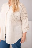 Koszula damska bawełniana Plus Size z kołnierzykiem i koronkową wstawką beżowa