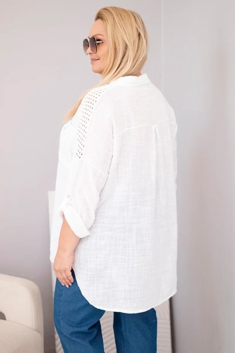 Koszula damska bawełniana Plus Size z kołnierzykiem i koronkową wstawką biała