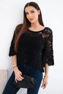 Sweter damski bawełniany ażurowy z krótkim rękawem i ozdobnym wzorem czarny