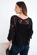 Sweter damski bawełniany ażurowy z krótkim rękawem i ozdobnym wzorem czarny