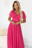 562-9 NASTIA Długa sukienka z dekoltem, wiązaniem i krótkim rękawkiem - malinowy sorbet