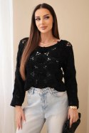 Sweter damski ażurowy z kwiatowym wzorem czarny