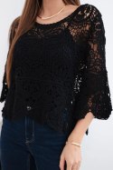 Sweter damski bawełniany ażurowy z krótkim rękawem i ozdobnym wzorem czarny